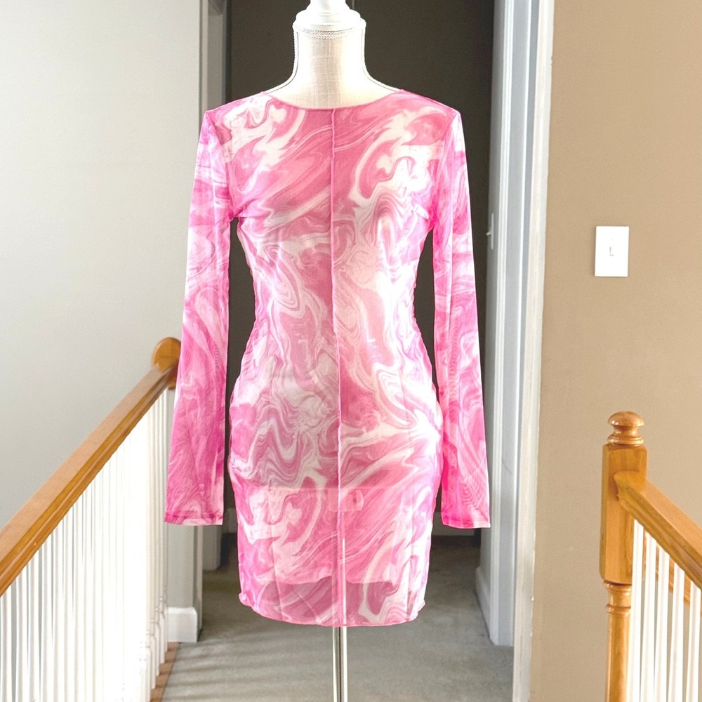 Naked Wardrobe Swim Pink Marble Mesh Long Sleeve Coverup Dress M